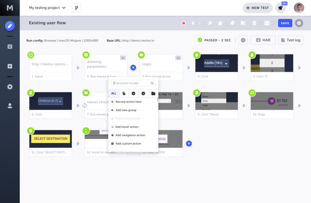 Zrzut ekranu Testim QA Automation Tools